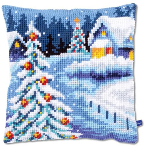 Vervaco Kreuzstich Stickpackungen Kissen Stickerei Set Anfänger Vorgedruckt Winterlandschaft DIY Set Kreativ Set Für Erwachsene Dekoratives Kissen ca. 40 x 40 cm Bastelset Handwerker Haus Dekoration