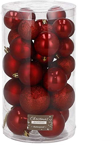 SPRINGOS Christbaumkugel Kunstkugel 30 Stück bruchsicher Weihnachtskugel Glitzer Matt Glanz Weihnachtsdeko Weihnachten (Rot)