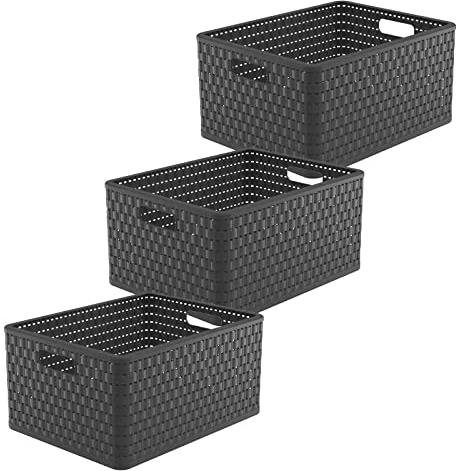 Rotho Country 3er-Set Aufbewahrungsbox Rattan-Optik, Kunststoff (PP) BPA-frei, anthrazit, 3 x A4+/28l, (43 x 33 x 21,5 cm), 3