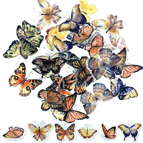 ExceLife Retro Butterfly Stickers Set, Self-Adhesive PET Transparent Waterproof Butterflies Stickers for Scrapbooking, Journal, Album, Phone Case, Laptop, Card Making, 40Pcs (Butterfly Yellow)