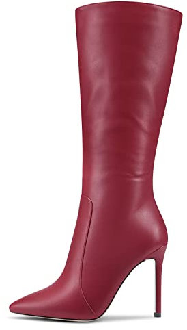 MAGIOPY Donna Spillo Alto High Tacco Heel a Punta Metà polpaccio Cerniera Ufficio Cute 10 CM Heels Stivali Borgogna Rosso 44 EU