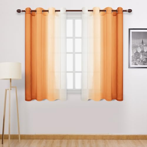 DWCN Durchsichtige Vorhänge aus Kunstleinen, Ombré, Herbstvorhänge, kurze Vorhänge, Farbverlauf, Halbvoile, Vorhänge für Küche und Wohnzimmer, 2er-Set, Fenstervorhang, B 132 x L 137 cm, Sunset Orange