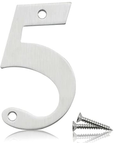 Bwintech 1 Pcs 75mm Satin Nickel SS304 House Numbers Door number 5, House Signs for outside, House Numbers Plaques for Front Wooden Door
