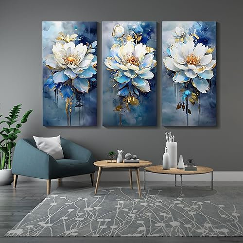AJAZIKO Floral Wall Art Moderne Gemälde Für Wanddekorationen Abstrakte Blume Leinwand Wandkunst Marineblau Familie Wanddekoration Für Wohnzimmer 3-teilige Wandkunst Schlafzimmer Kunstwerk 50,8 x 101,6