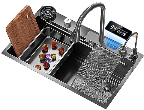 Bricolaje Fregadero De Cascada Inteligente con Pantalla Digital Fregadero De Apartamento Creativo Alta Gama Lavabo con Lavadora Copa Sifón Fregadero Empotrado Cocina Acero Inoxidable Herramientas (Co