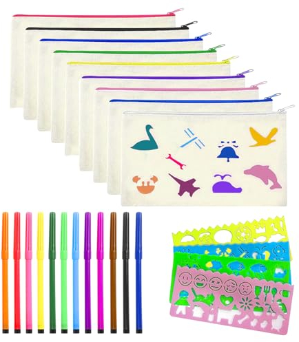 GAROMIA DIY Stoff Federmäppchen Leinwand Federmäppchen zum Bemalen 12 Buntstift 4 DIY Malschablonen Blanko Stoff Federmäppchen Stoffbeutel Reißverschluss für Reisen Make up Taschen Mäppchen