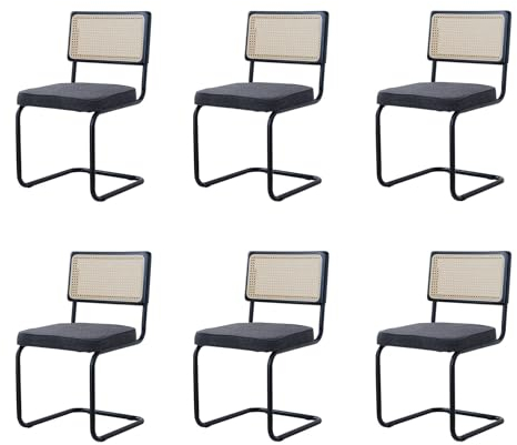 BenyLed Pack 6 Sillas de Comedor Estilo Nórdico Silla Escandinava; Sillas de Cocina Modernas con Respaldo de Madera Maciza de Ratán y Asiento Tapizado (Negro Polar)