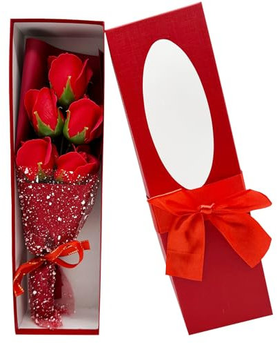 SECALIFE 5 rose artificiali in schiuma con steli, bouquet di rose in scatola, fiori artificiali, regali di San Valentino per moglie, fidanzata (rosso)