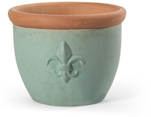 teramico Bac à Plantes - Pot de Fleurs - Rond, émaillé, bombé, en grès et résistant au Gel - pour décoration du Jardin (Jade avec Lys, 32cm)