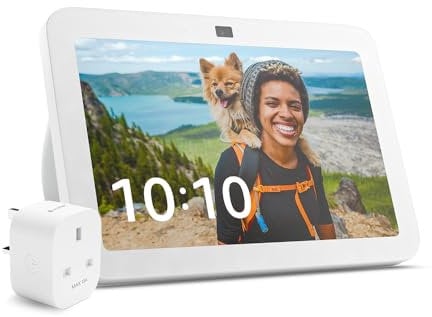 Echo Show 8 (3rd Gen, 2023 release) | Glacier White + Meross Matter Smart Plug, Works with Alexa - Smart Home Starter Kit