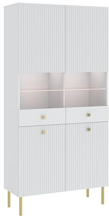 Oggi Neli Vier-Türiger Vitrinenschrank 193 cm Weiß Laminat Matt 16mm 4 Türen 10 Regale Slim Furniture Ornament Wohnzimmer Moderne