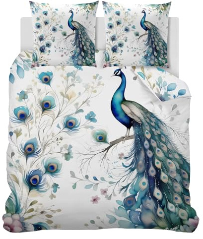 CCZM Bettwäsche 135x200 Pfau Bettwäsche-Sets 3 Teilig - Bettbezug 135 x 200 Orientalischer Pfau und 2 Kissenbezug 80x80, Weich Mikrofaser Bettbezüge Set Vögel Tiere mit Reißverschluss W-426