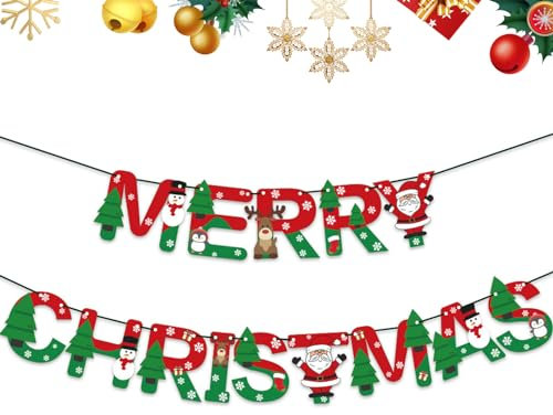 Feliz Navidad Pancarta Guirnalda de Letras Navideñas Banderines Colgantes Guirnaldas Carteles de Navidad Decoraciones Navideñas Colgantes de Papel para Hogar Ventanas Chimenea Pared (Style A)