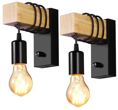 2PCS Dimmable Wall Lights, Industrial Wooden Lamp Vintage Sconces With Switch E27 Indoor Lighting Fixtures for Kitchen, Bedroom, Dining Room [Energy Class A++]