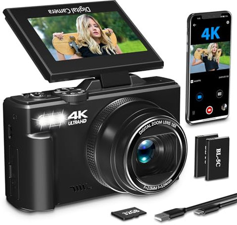 Cámara digital 4K para fotografía con pantalla abatible de 180° de 3 pulgadas, cámara de vlogging de 64 MP para YouTube, cámara WiFi 4K Ultra HD con zoom digital de 18X, cámara compacta con flash,