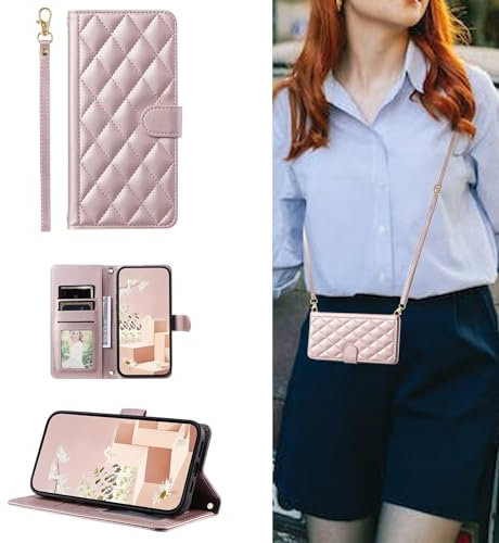 ESONG Portefeuille Coque pour Samsung Galaxy A51 4G avec Cordon,Etui en Cuir PU Flip Folio Housse,Crossbody Case pour Fille avec Magnétique,béquille,Fentes de Cartes Rose