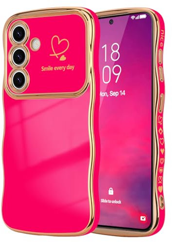 LCHULLE Compatibile con Samsung Galaxy S24 Plus Cover cuore d'amore Custodia con forma ondulata e riccia ragazze Protezione fotocamera Cover galvanizzata Custodia per Samsung S24 Plus Rosa rossa