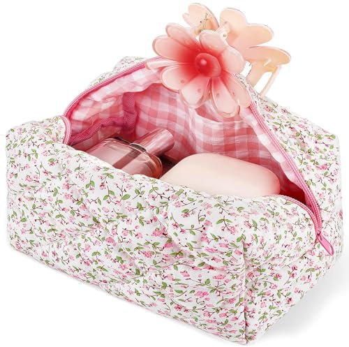 Qaestuan Gesteppte Kosmetiktasche, Kosmetiktasche mit Blumenmuster, Großem Fassungsvermögen Stilvolle Kosmetiktasche, Reise Kosmetiktasche, für Make-up-Pinsel und Beauty-Utensilien (Rosa)