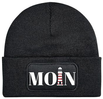 Mütze Beanie Moin Leuchtturm Wintermütze Statement Spruch Print Geschenk Unisex Strickmütze für Herren & Damen - Schwarz