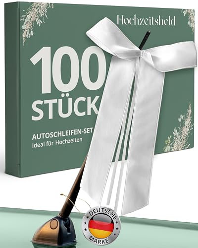 HOCHZEITSHELD Autoschleifen Hochzeit 100 Stück als Hochzeitschmuck Auto - Weiße Schleifen als Auto-Deko Hochzeit - Hochzeitsschleifen fürs Auto perfekt als Hochzeitsdeko, Hochzeitsauto Deko, Wedding