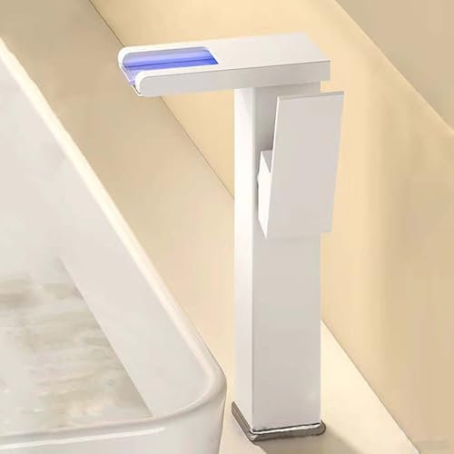 Rubinetto Bagno Lavabo, LED Rubinetto Alto Lavabo Bagno 3 Colori Che Cambiano, Miscelatore Monocomando Lavabo Cascata, Fredda e Calda Regolabile con Tubo di Aspirazione,Bianca,High