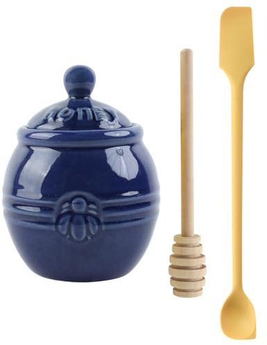 Dzmuero Honigglas, Honigspender, Honigglas mit Honiglöffel, 250ml Honigtopf Keramik mit Löffel, Marmeladenlöffel, Butterspatel, Honigspender Keramik, Honigglas Keramik mit Honiglöffel (blau)