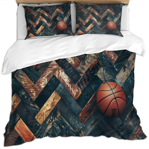 Bettwäsche-Set für Einzelbett, Retro-Stil, modisch, Mikrofaser, mit 2 Kissenbezügen, rustikal, Vintage, atmungsaktiv, gestreiftes Holz, für alle Jahreszeiten, Basketball