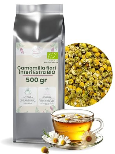 PATRIZIO BRESEGHELLO - Camomilla Fiori Extra Interi Bio per Infuso contro Stress, Insonnia e Crampi allo Stomaco - Fiori di Camomilla Essiccati 100% Naturali anche per Uso Esterno (500 grammi)