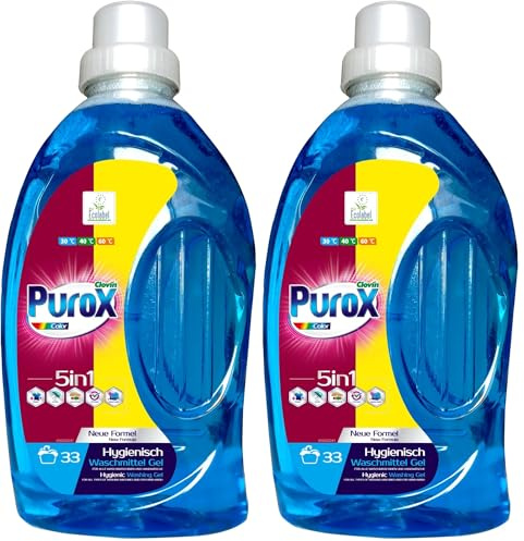PUROX COLOR Flüssigwaschmittel (33 Waschladungen) – Gel für farbige Textilien, entfernt Flecken, vollständig ausspülbar, umweltfreundlich, schützt vor Kalkablagerungen, 1 l (Packung mit 2)