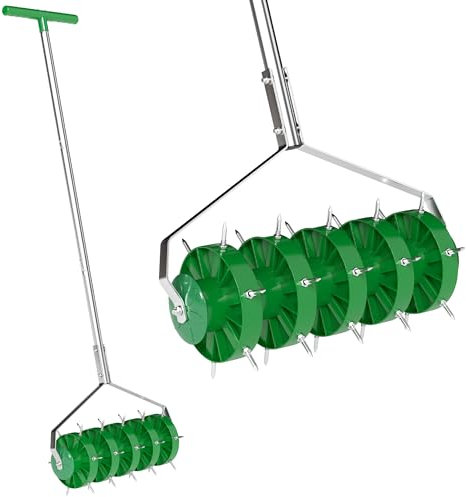 Outsunny Rolling Lawn Aerator, Manual Grass Spike Roller, Heavy Duty Garden Aerator with 3 Piece Detachable Handle and T-Bar Grip, Outdoor Garden Lawn Tool, Dark Green (Aérateur de pelouse à