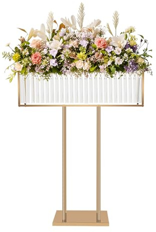 GUEYYSAN Crystal Rectangular Flower Stand, Wedding Master of Ceremonies Floral Podium Hanging Crystal Decorative Vase Stand for Wedding Birthday Party Celebration Home Decoration Gold