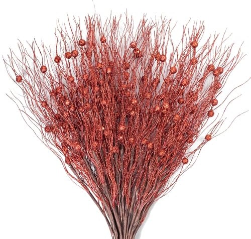 KI Store 20 Stück deko Zweig Rot Weihnachten äste künstlicher weihnachtszweig 45cm mit Glitzer bastelzweige dekozweig Stem Mistelzweig für Weihnachts deko