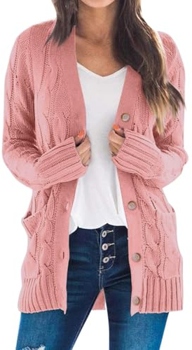 Cardigan Donna Elegante Invernale Abbigliamento Donna Autunno Leggero Maglieria Cotone Comoda Taglie Forti Golfino Girocollo a Maniche Lunghe Maglia Oversize con Scollo a V(Rosa,S)