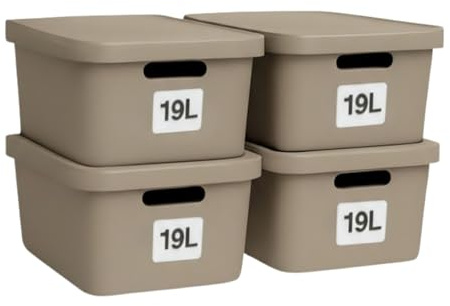 Plastard Aufbewahrungsbox mit Deckel 4er-Set 19 Liter in Beige | BPA-Freie Ordnungsbox für Küche, Bad, Büro, Kinderzimmer, Robuste Stapelbare Kunststoffbox, 46 x 34 x 16 cm, Ordnungskiste