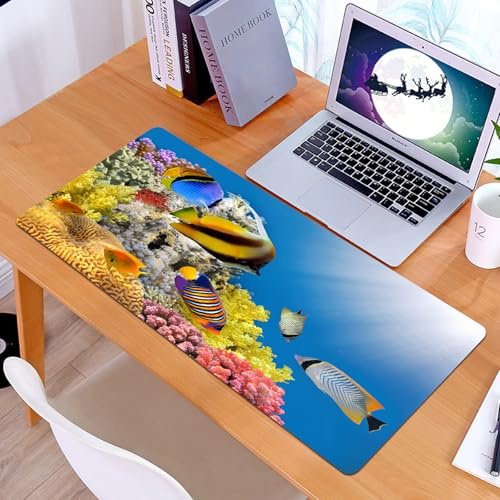 KDWJS Gaming Mauspad XXL 90x40cm Mousepad Groß Vernähte Kanten Anti-Rutsch für PC,Ozean, Korallenkolonie auf einem Riffdach im Roten Meer, Ägypten, exo,Laptop Verbessert Präzision und Geschwindigkeit