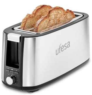 Ufesa Tostadora Toastie Duo Plus 1400W de Acero Inoxidable, 2 Ranuras Largas, 7 Niveles de Potencia, Funciones Recalentar/Descongelar/Cancelar y Bandeja Recogemigas Extraíble