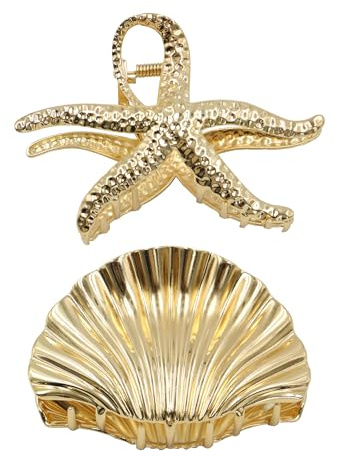 Yitexin Lot de 2 pinces à cheveux en forme de coquillage en métal - Grande pince à cheveux marines - Doré - Accessoire pour femmes et filles - Cheveux épais - Sirène - Plage - Pince à cheveux