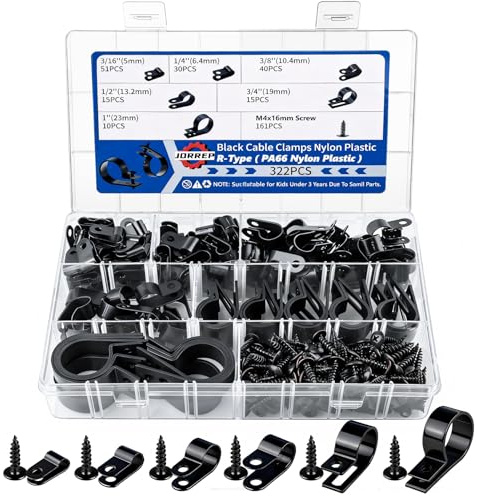 JORREP 322 Stk R-Typ Kabelschellen, 3/16'' bis 1'', für Kabelmanagement | 5/6.4/10.4/13.2/19/23mm, PA66 Nylon, Mit M4x16mm Schrauben, Für Haus, Büro und Werkstatt, Zeitsparende Install, Stabile Box