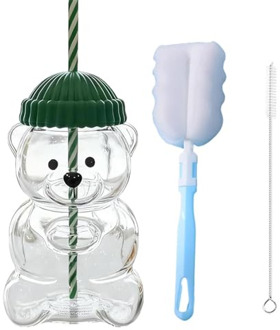 MmotZsb 2025 Neuer BäRenbecher Mit Strohhalm, SüßEs BäRenföRmiges Glas, Mit Deckel Und Strohhalm, Transparente Glaswaren, FüR Saft, Kaffee, Tee, Milch, HeißE Schokolade, Sehr Geeignetes