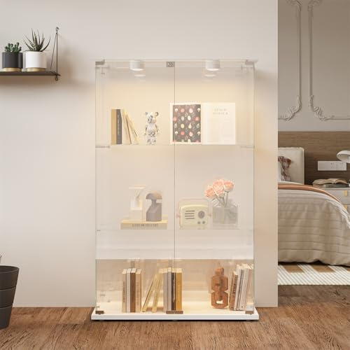 ZSSWSS Vitrine aus Glas mit LED, Ausstellungsvitrine mit 3 Glasablagen, moderne Vitrine für Wohnzimmer mit 2 Türen und Schloss, Vitrine für Sammler (Weiß, 3 Etagen 2 Tür+LED-A)