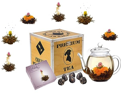 Mix de fleurs de thé Creano - in coffret cadeau déco bois « Floraison » -avec théière en verre | Thé noir 6 thés fleuris en (3 sortes différentes de roses de thé)
