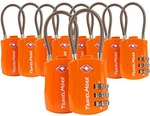 Lot de 10 Cadenas TSA | Cadenas Valises avec Câble Souple pour Voyage | Cadenas à code TSA pour Valises, Bagages, Sacs de Voyage, de Sport et à Dos | Combinaisons Réglables à 3 Chiffres (Orange)