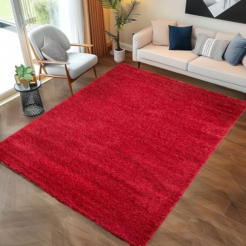 Carpettex Shaggy-Teppich, Hochflor, Wohnzimmer, Florhöhe 3 cm, einfarbig, Rot, 140 x 200 cm