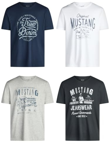 MUSTANG Tshirt Herren Baumwolle Regular Fit 4er Pack Set Rundhals Kurzarm Sommer Tee Shirt Logoprint Schwarz Weiß Grau Blau Grün S M L XL XXL 3XL 4XL 5XL 6XL