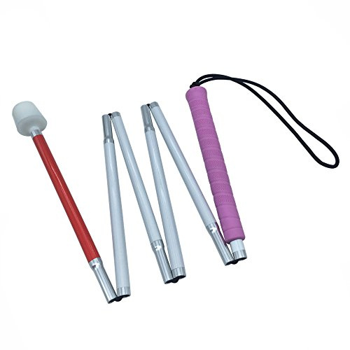 Blind långpinne, vit pinne, vikbar långstav med gummihandtag, plastrullspets, 6 delar (145 cm (57,1 tum), rosa handtag)