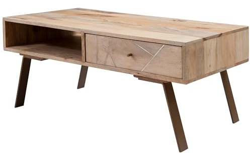 FineBuy Couchtisch SIKAR 95x42x50 cm Mango Massivholz/Metall Sofatisch, Wohnzimmertisch mit Schublade, Designer Holztisch Kaffeetisch massiv, Tisch braun