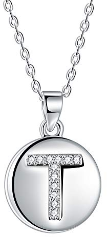 J.Endéar Buchstabe Kette 925 Sterling Silber Brief Initial T Disc Anhänger Halskette für Frauen Freundschaft 40 + 5cm einstellbar