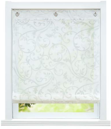 ESLIR Raffrollo ohne Bohren Raffgardine mit Ösen Gardinen Küche mit U-Haken Ösenrollo Halbtransparent Modern Weiß BxH 100x140cm 1 Stück