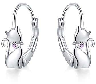 Boucles d'oreilles Chat 925 en Argent Sterling Chat Balancent Boucles d'oreilles, Cadeau de Bijoux Chats pour Femmes, Filles (Boucles d'oreilles chat violet)
