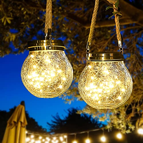 XRR Linterna Solar Exterior, 2 Piezas 30 LED Farolillos Colgantes Jardín IP65 Impermeable, Lámpara de Vidrio para Terraza, Césped, Navidad (Blanco Cálido)